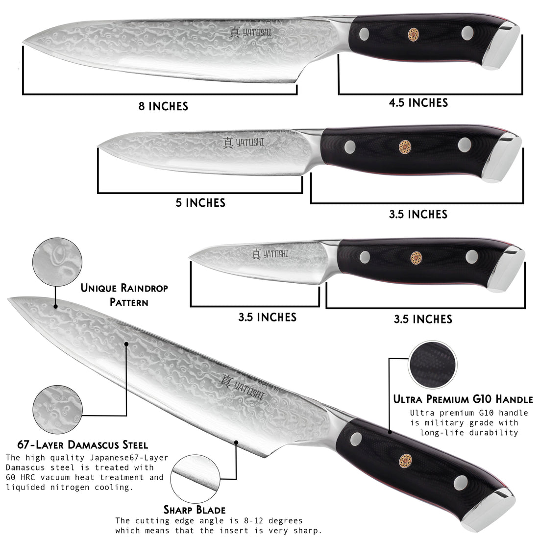 Yatoshi VG10 Damascus 3 Piece Knife Set