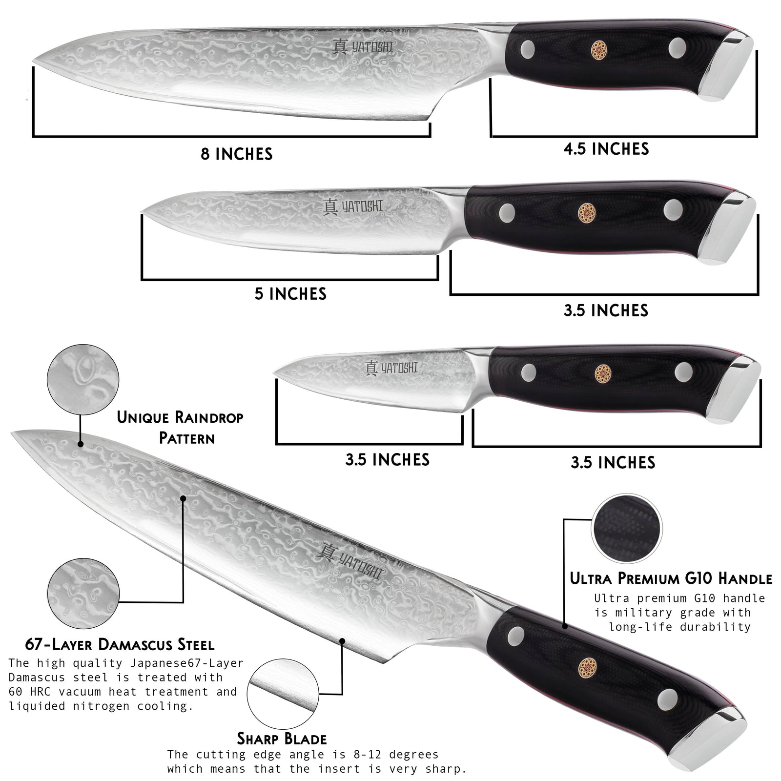 Yatoshi VG10 Damascus 3 Piece Knife Set